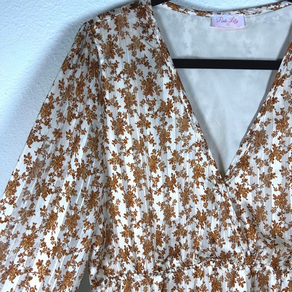 Pink Lily Floral Long Sleeve Midi Dress V Neck Ruffle Cuffs Women's - Picture 6 of 11